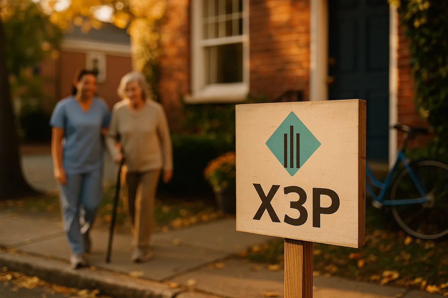 A caregiver walking with an older woman on a quiet street