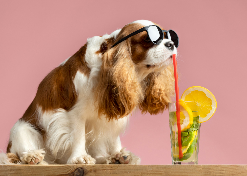 A spaniel relaxing with a glass of lemonade